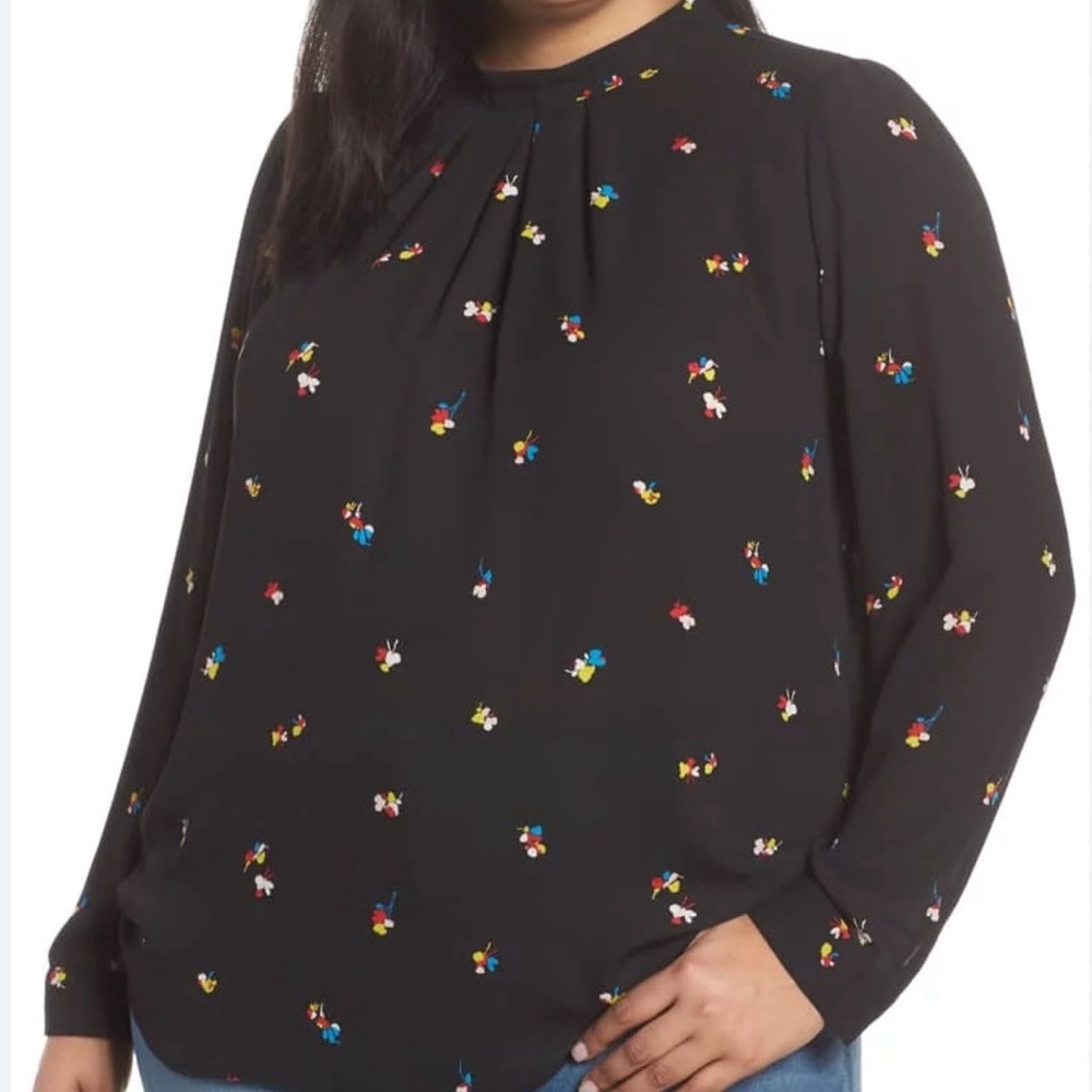Halogen Black Floral Sheer Top Size 1X New Key Hole Back Ling Sleeve